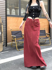 BXOXO Women's Red Split Back Denim Skirt Summer Chic Design Street Style Solid Color Female Straight Floor Length Long Skirts