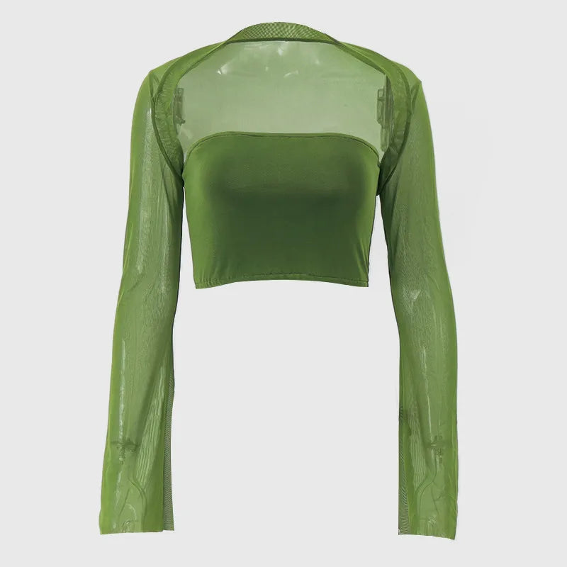 Bxoxo Aesthetic Vintage Women 2 Piece Sets Green Strapless Tank Top With Sexy Mesh Sheer Flare Long Sleeve Shawl Street Outfit