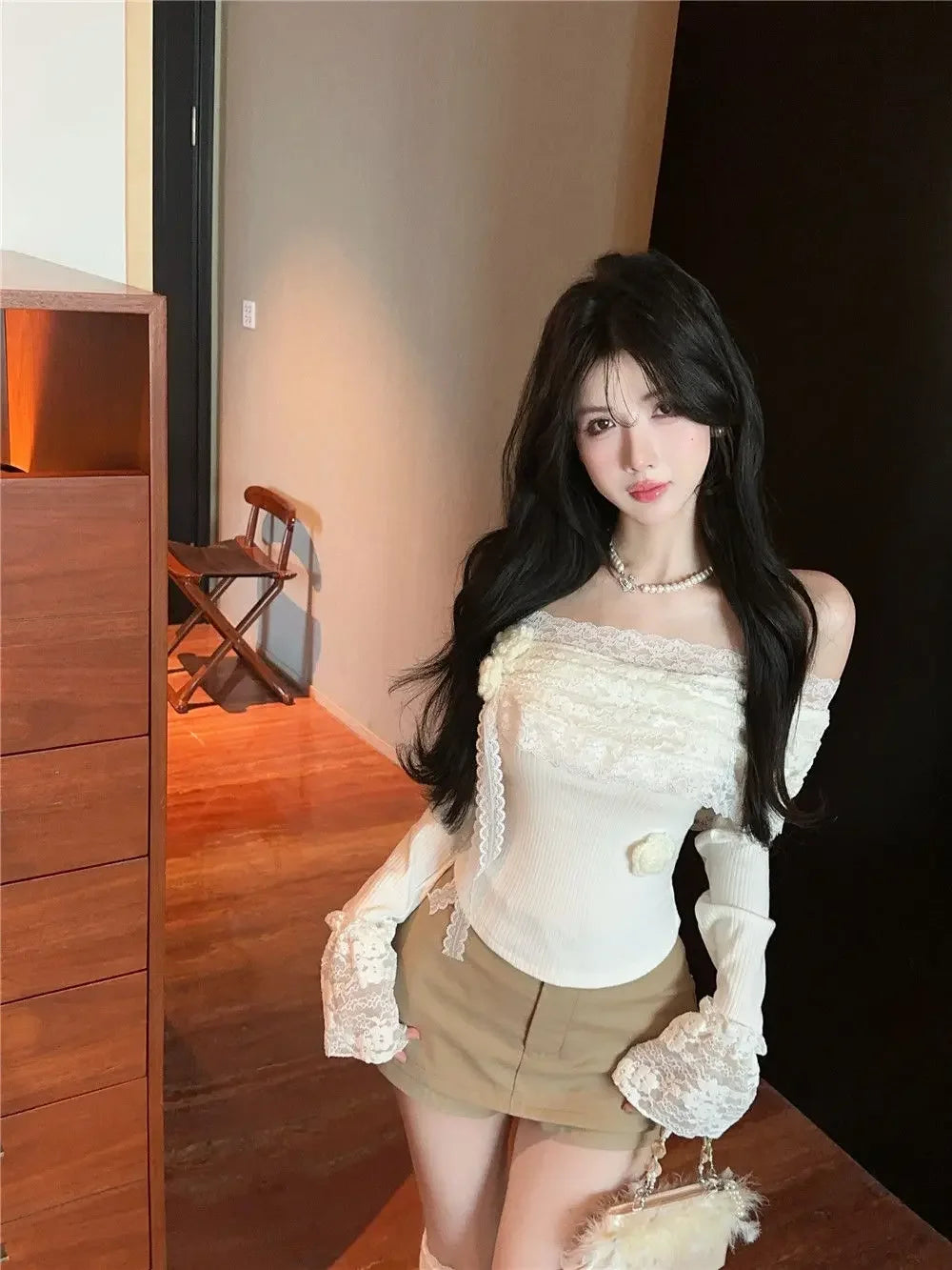 Bxoxo Fashion Slash Neck Women T Shirt Korean Elegant Lace Patchwork Flower Crop Top Sweet Slim Long Sleeve Ladies Base Tees New