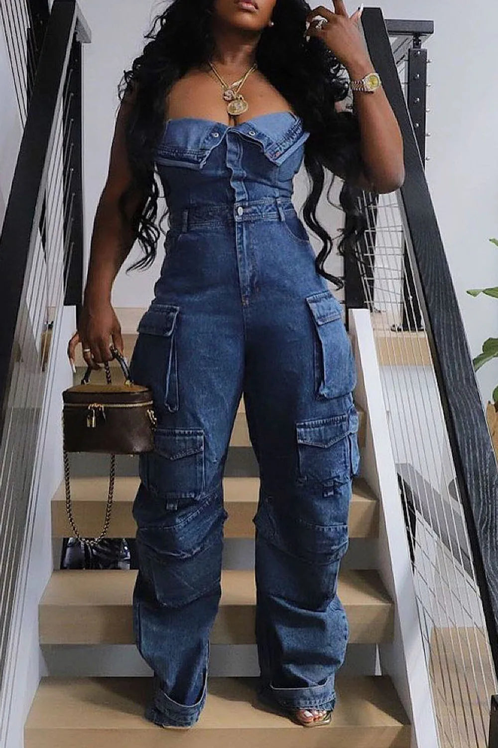 BXOXO Plus Size Fashion Streetwear Denim Jumpsuit Women's Loose Pants Jumpsuit Plus Size Multi-pocket Strapless Jeans