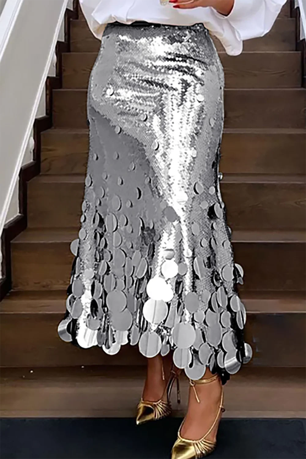 Bxoxo Plus Size Women Formal Skirts Elegant Gold Silver Long Sequin Party Club Evening High Waist Skirts Female Casual Cocktail Skirts