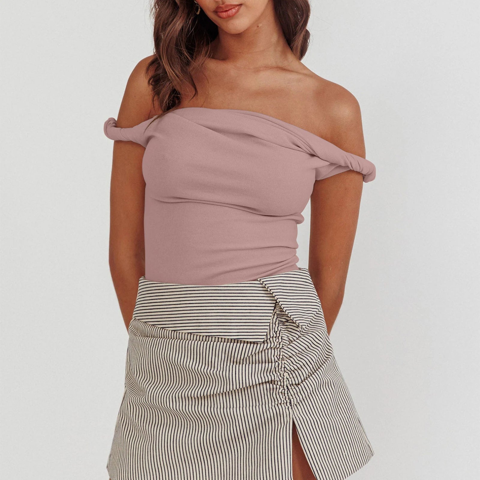 BXOXO Women Off Shoulder Top Sleeveless Twist Strap Tank Tops Slim Fit Stretch Ruched Crop Top Going Out Y2k Bustier