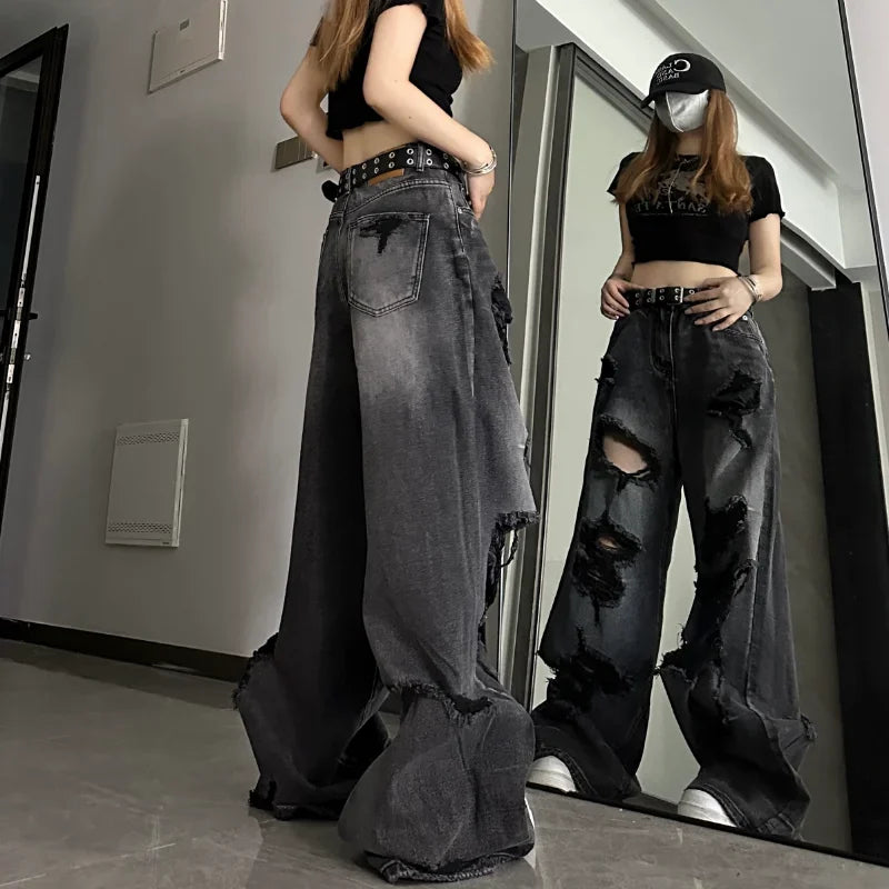 BXOXO Women's Distressed Design Wide Leg Hole Jeans Summer New Street Unisex Style Trousers Loose High Waist Straight Denim Pants