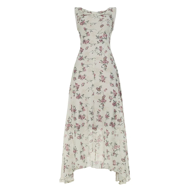 BXOXO French Chic Elegant Flower Print Women Dress Lace Trim Ruched Slim Long Dress Summer New Clothes