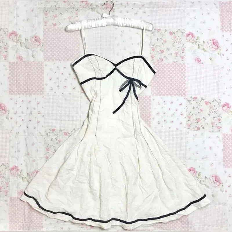 BXOXO Y2K Solid Color Women's Dress Retro Casual Summer Chic Lace Harajuku Emo Girl Street Hip Hop Punk Sweet Bow Cute Suspender Dress