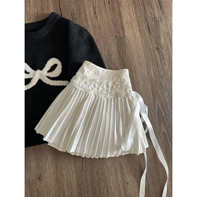 Bxoxo Y2K Lace Up Mini Skirts Women Korean Fashion High Waist Preppy Lace Patchwork Pleated Skirt Sweet Lolita A Line Faldas Mujer