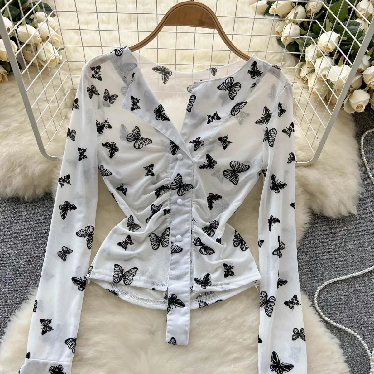 Bxoxo Butterfly Print Blouse Summer Long Sleeve V Neck Y2K 2024 Slim Vacation Ladies High Street Fashion Casual Shirt