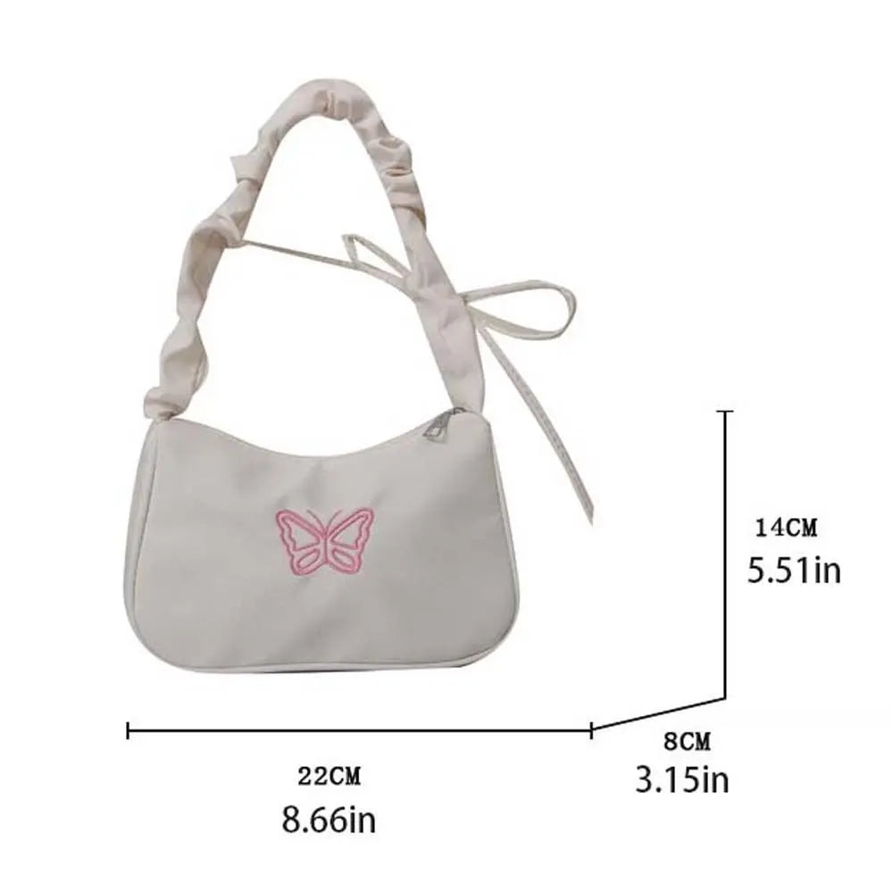 BXOXO Embroidery Bowknot Butterfly Shoulder Bag Y2k Style Ruffle Handle Nylon Bow Tote Bag Makeup Lipstick Bag Handbag