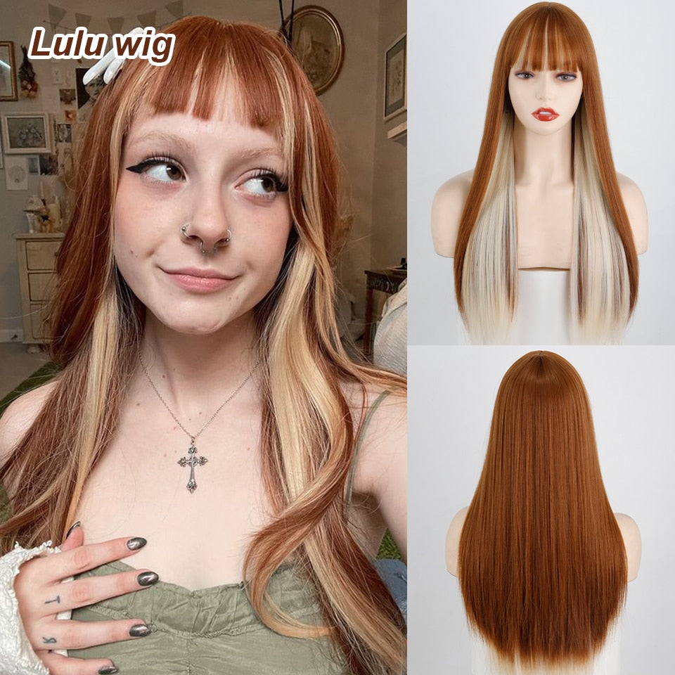 BXOXO Long Orange Wig with Bangs Straight Orange Wigs for Women Cosplay Long Synthetic Orange Wig Natural Looking for Daily Wear