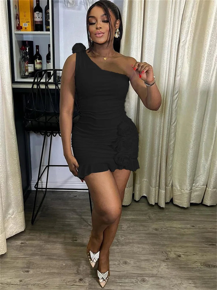 BXOXO  Sexy Incline Shoulder Women Mini Dress Solid Unique Appliques Ruffle Pleated Skinny Vestidos Mujer Classic Party New Frock