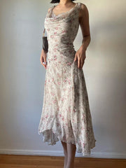 BXOXO French Chic Elegant Flower Print Women Dress Lace Trim Ruched Slim Long Dress Summer New Clothes
