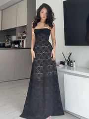 BXOXO Elegant See Through Dress Women Backless Sleeveless Cross Lace-Up Spaghetti Strap Sexy Flower Motif Midnight Vestidos