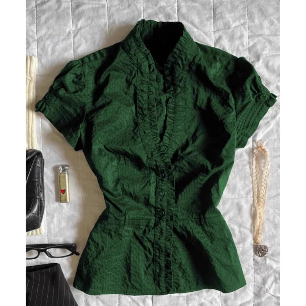 BXOXO Harajuku T-shirt Slim Y2K Goth Korea V-Neck Short Sleeve Crop Top Vintage Streetwear 2000s Emo Basics Summer Tees Button Grunge