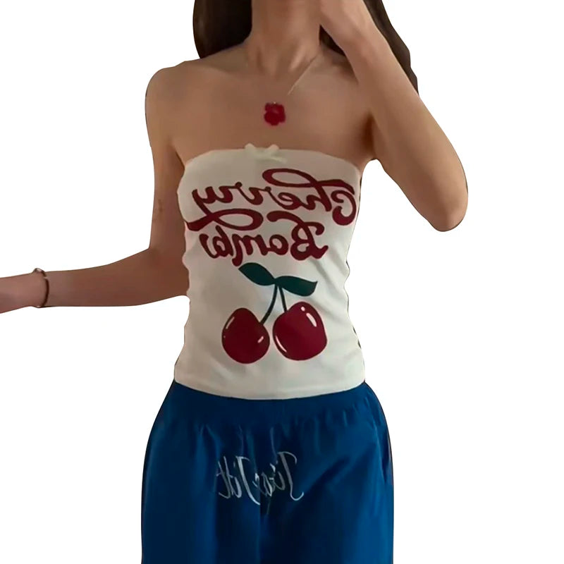 BXOXO Classic Cherry Letter Print Tube Tops Women Bow High Elasticity Skinny Summer Trend Simple Versatile Daily Girly Clothes