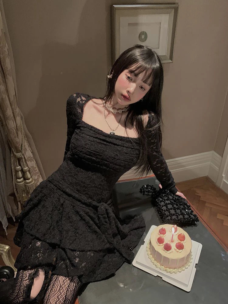 Bxoxo Gothic Black Lace Dress Women Y2K Fall Vintage Elegant Square Collar Purple Mini Dress Streetwear Sexy Slim Party Vestidos New