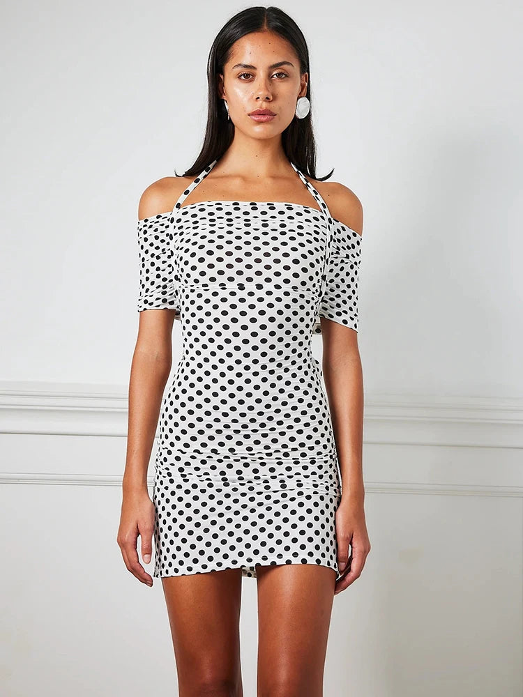 BXOXO  Strapless Polka Dot Mini Dress For Women Robe Halter Off-shoulder Backless Sleeveless Skinny Club Party Dress Elegant
