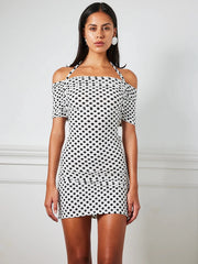 BXOXO  Strapless Polka Dot Mini Dress For Women Robe Halter Off-shoulder Backless Sleeveless Skinny Club Party Dress Elegant