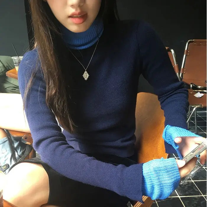 BXOXO Vintage Fake Two Piece Knitted Tops Mujer 2025 Autumn Winter Half-high Collar T-shirt for Women Y2k Slim Fit Long Sleeve Tees