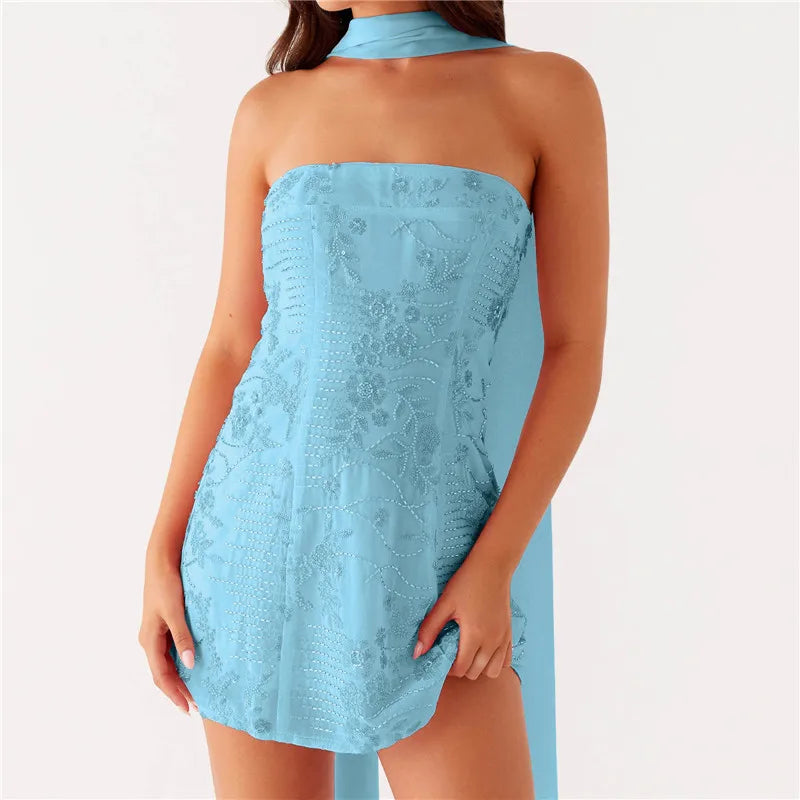 BXOXO Women Sequin Strapless Mini Dress with Scarf Y2K Rhinestone Sleeveless Off Shoulder Dress Sexy Backless Club Party Dress