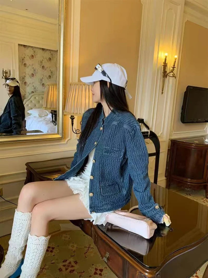 Bxoxo Vintage Stand Collar Denim Jacket Women Autumn Loose Streetwear Single Breasted Coats Y2K Korean Chic Long Sleeve Casual Outwear