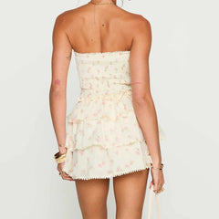 BXOXO Women Y2K Strapless Short Dress Backless Tube Ruched Ruffle Mini Dress Floral Flowy Sleeveless Bodycon Sundress