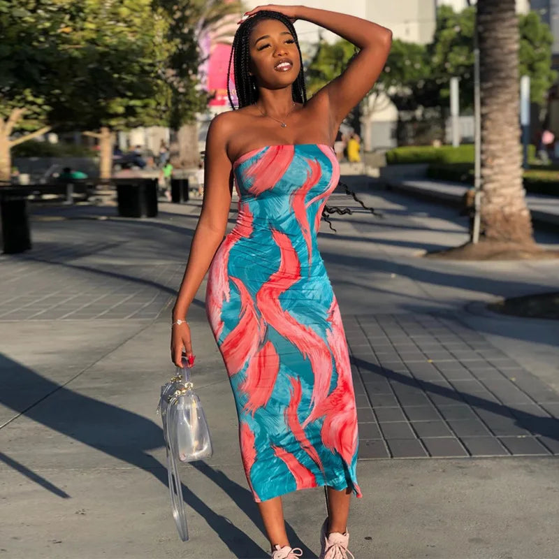 BXOXO Spring/Summer Women's Colorful Tie Dye Print Off Shoulder Wrapped Chest Dress