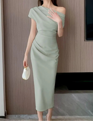BXOXO Elegant Off Shoulder Evening Party Dresses Women Summer Fashion Slim One Piece Solid Vestidos Korean Graduation Robe Clothing