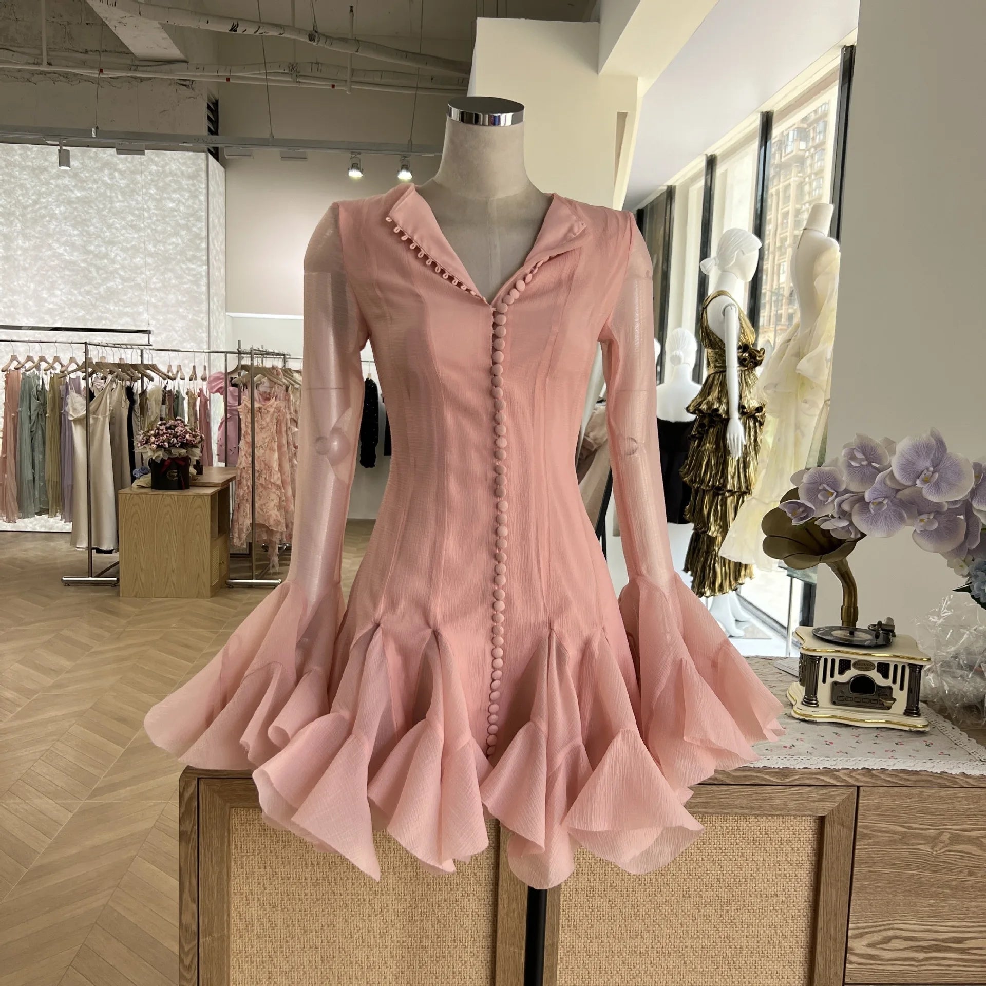 BXOXO Luxury Long Sleeve Ruffles Short Dresses Women's Summer Holiday Single Breasted Gauze Prom Evening Party Cake Dress Lady Quality