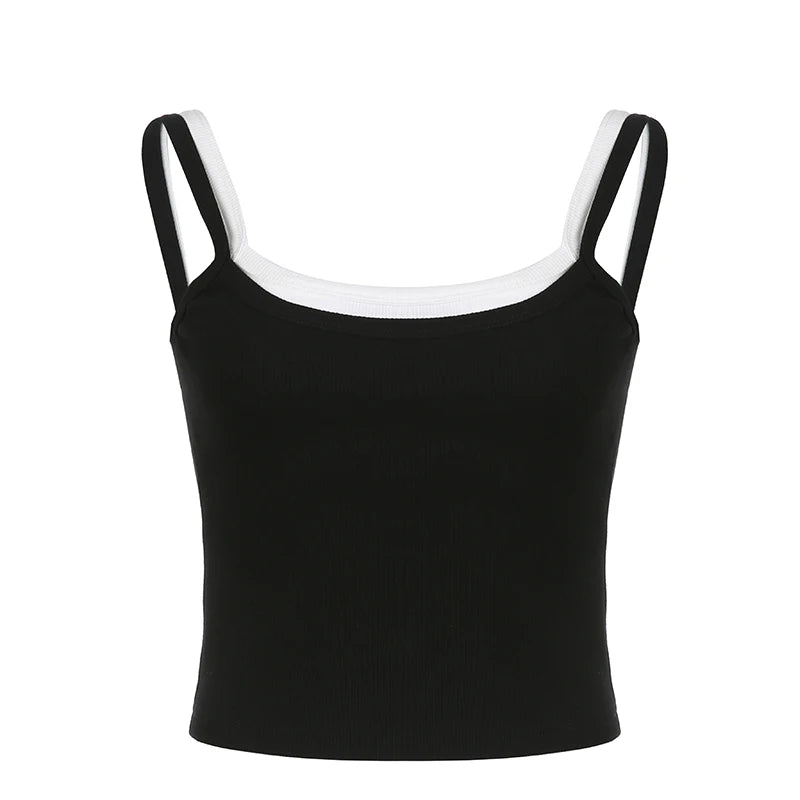 Bxoxo Contrast Fake Two-piece Crop Top Casual Patchwork Sleeveless Fashion Camis Vintage y2k Women Summer Tees Ladies Mini Vest