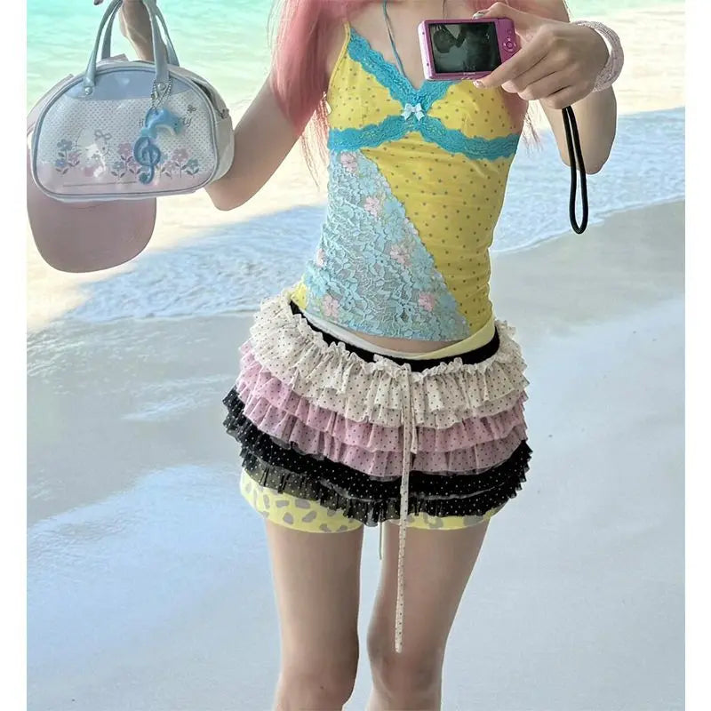 Bxoxo Y2k Vintage Mini Skirt Women Japanese Style 2000s Harajuku Polka Dot Layered Short Skirt Kawaii Fashion Ruffles Skirts