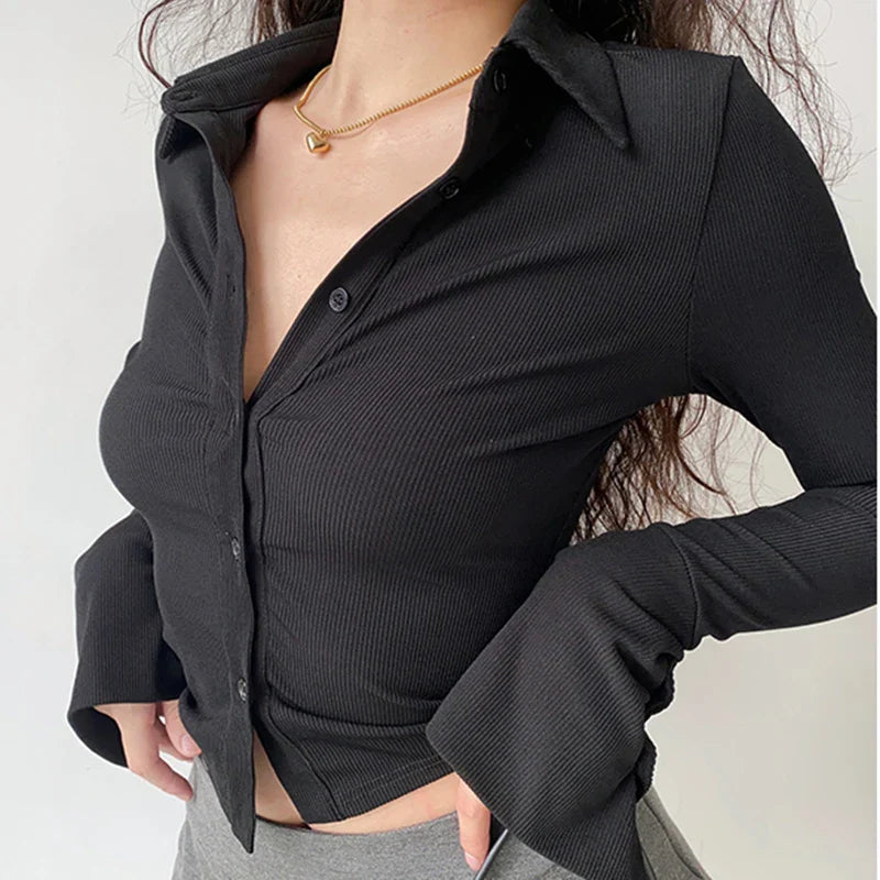 BXOXO Blouses Polo Lapel Single-Breasted Flared Collar Solid Sleeve Shirt Five-Color Women's Slim Long-Sleeve Women's Autumn Clothing