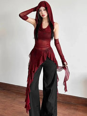 BXOXO Vintage Gothic Hooded T Shirts Women Sexy See Through Slim Y2K Tees Streetwear Harajuku with Sleeves Female Irregular Tops