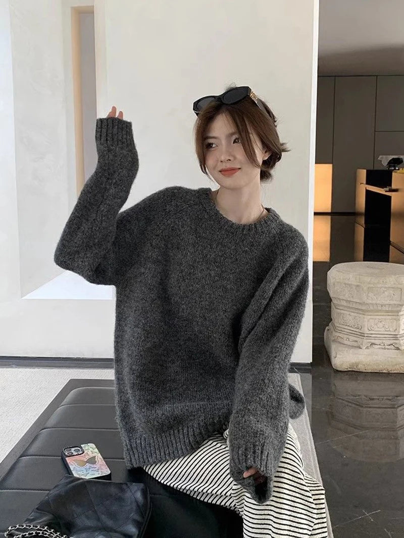 Bxoxo Streetwear Loose Gray Sweaters Women Long Sleeve Vintage Simple Knitted Pullover Korean Fall O Neck Female Retro Jumpers