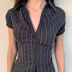 Bxoxo Y2k Aesthetics Pleated Shirt Fairycore Lace Up Blouse Trashy 2000s Style V-neck Shirt Irregular Japanese Harajuku 90sFashion Chic Stripe Slim Summer Blouse Women Tops Short Sleeve Buttons-Up Shirt Cardigan Y2K Aesthetic