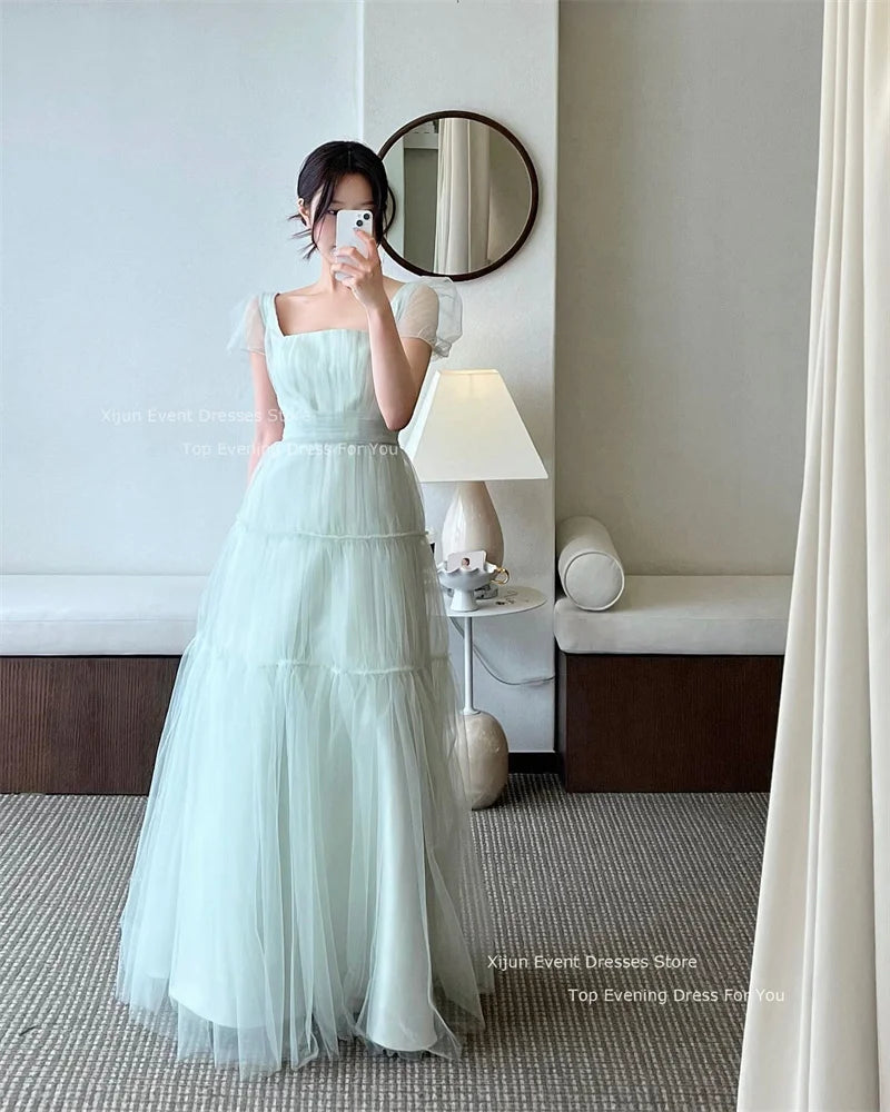 BXOXO Fairy Tulle A-Line Wedding Dresses Puff Short Sleeves Prom Dresses Floor Length Bridal Party Dresses For Korean Women