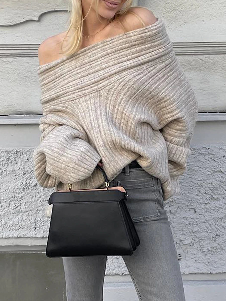 Bxoxo Women y2k Loose Knit Sweater Solid Color Long Sleeve Boat Neck Off Shoulder Pullovers Fall Winter Casual Jumpers Streetwear