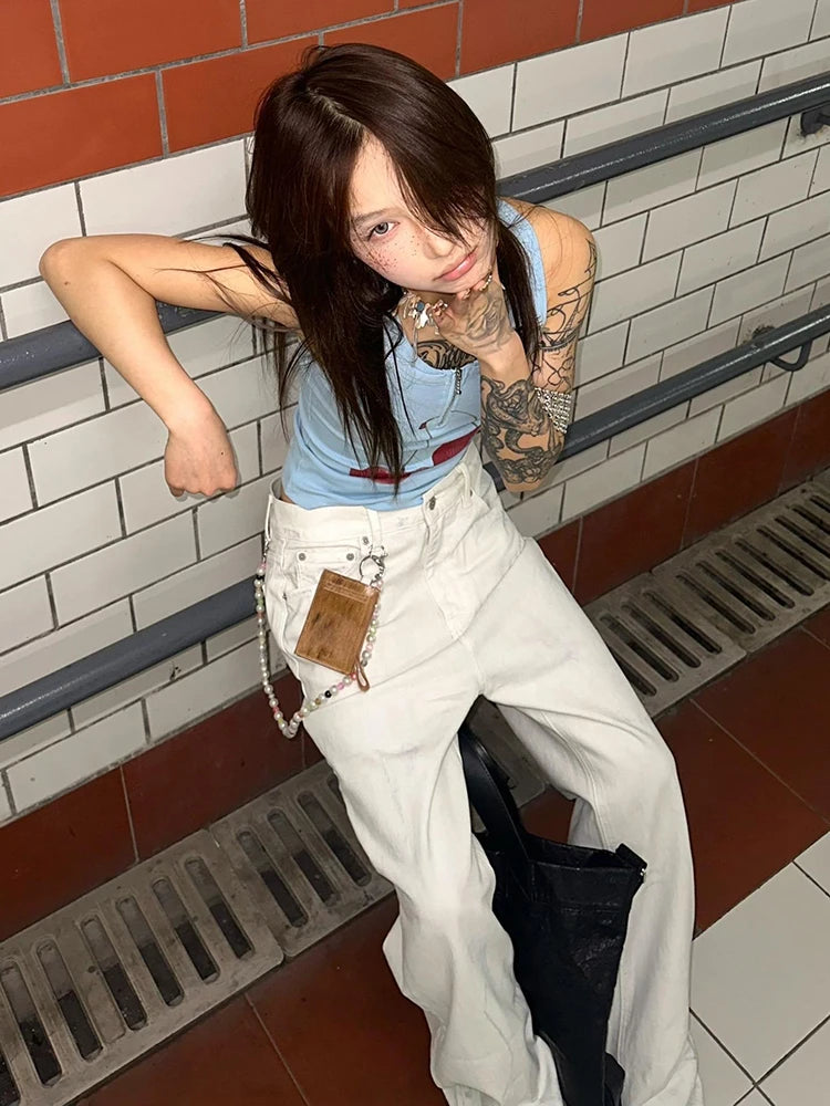BXOXO Harajuku Print Vintage Tank Tops Women Sleeveless Zipper Y2k Grunge Crop Tops American Retro Tee Tops Summer Out Wear