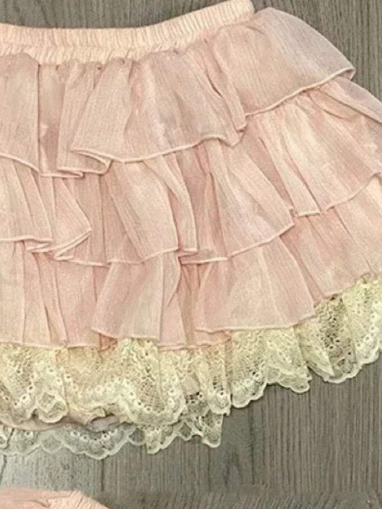 Bxoxo Pink Sweet Lace Patchwork Mini Skirt Women Low Rise Kawaii Lolita Ruffle Dance Skirt Y2K Japanese Streetwear Ruffle Fairy Faldas