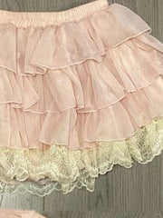 Bxoxo Pink Sweet Lace Patchwork Mini Skirt Women Low Rise Kawaii Lolita Ruffle Dance Skirt Y2K Japanese Streetwear Ruffle Fairy Faldas