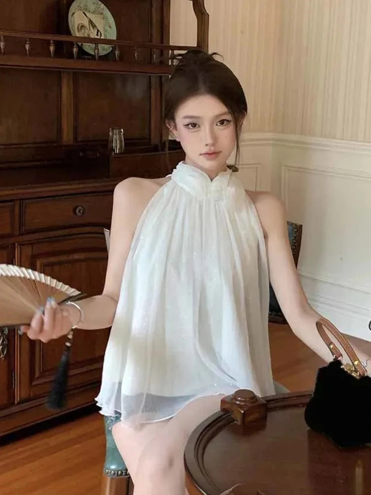 Bxoxo 3D Floral White Mesh Tanks Women Loose Elegant Sweet Halter Tanks Casual Fashion Female Summer Korean Sleeveless Chic Tops