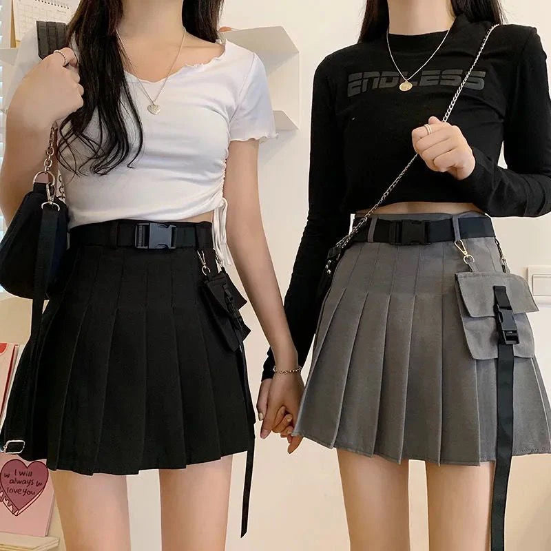 Bxoxo Harajuku Belt Pleated Cargo Skirt Women Fashion Gothic High Waist Pocket Mini Skirts Fashion Summer Lady A Line Black Skirt