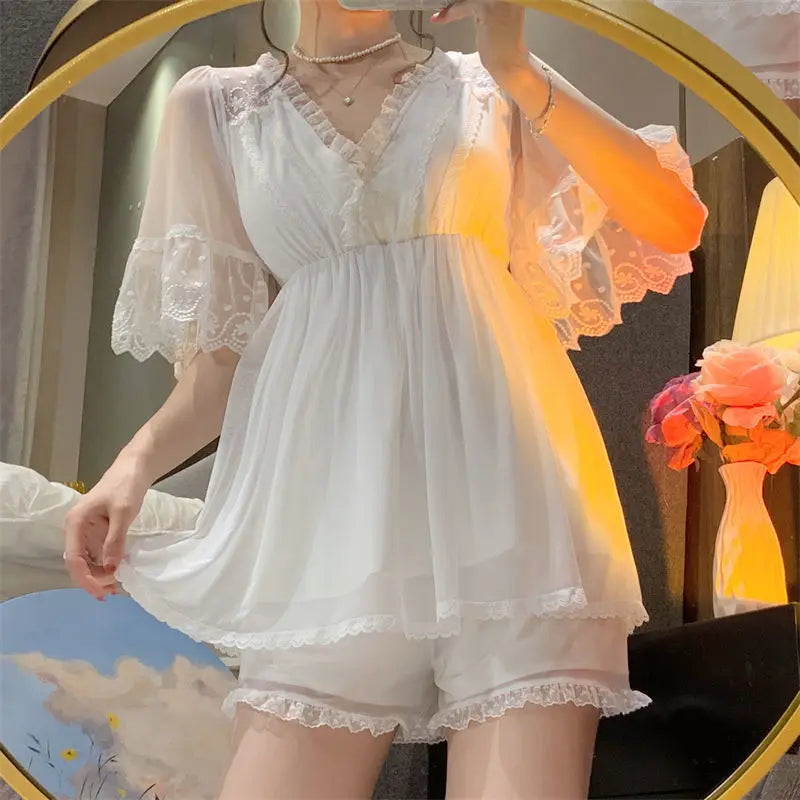 Bxoxo Female White Lace Long Nightgown Sleepwear Retro Palace Style Princess Nightdress Bath Robe Summer Loose Home Dress Nightwear
