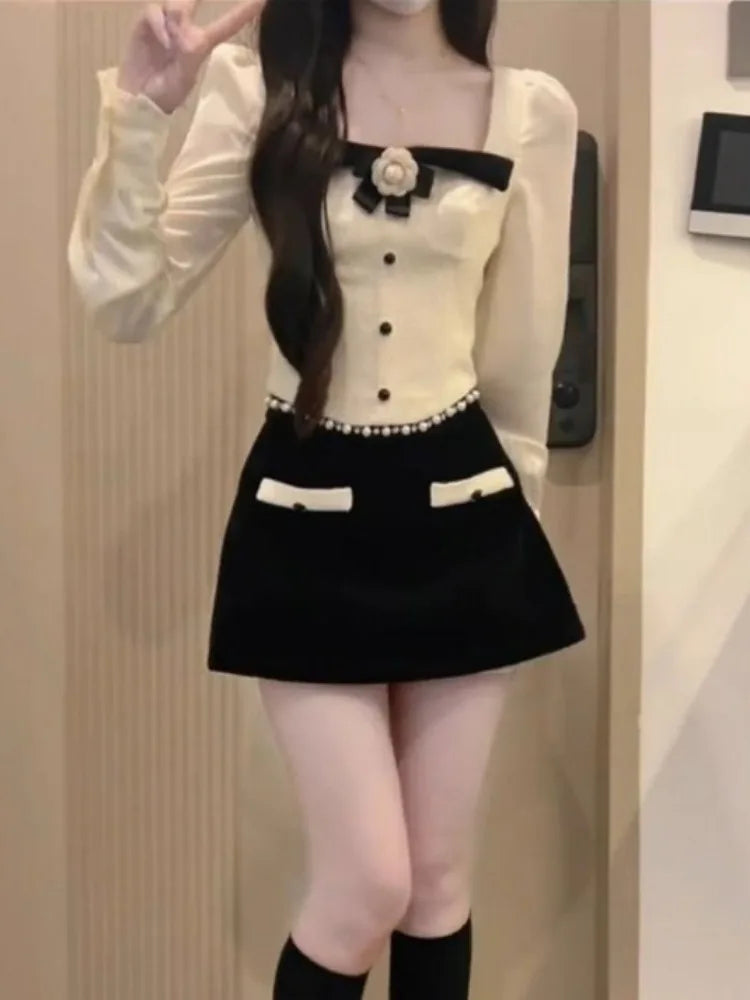 BXOXO Elegant Sweet Square Collar Bow Long Sleeve Tops Women+ Y2k E-Girl High Waist Bodycon 2025 Spring New Skirts Two Piece Sets
