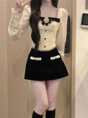 BXOXO Elegant Sweet Square Collar Bow Long Sleeve Tops Women+ Y2k E-Girl High Waist Bodycon 2025 Spring New Skirts Two Piece Sets