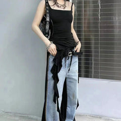 BXOXO Sexy Tank Top Asymmetrical Black Y2k Women Ruffle Grunge Backless Coquette Fashion Streetwear Tops Solid Aesthetics