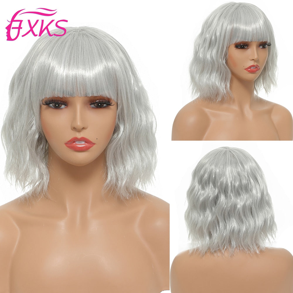 BXOXO Blonde Gold Short Wavy Synthetic Wigs With Bangs Brown Grey Silver Black Color Body Wave Hair Wigs 14Inch 200G For Women FXKS