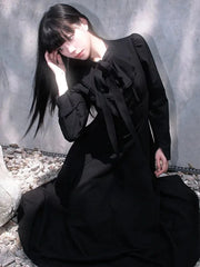 Bxoxo Y2K Gothic Black Midi Dress Women Autumn Japanese Hepburn Style Lace Up Slim Dress Female All-Match Bow Dark Academic Vestidos