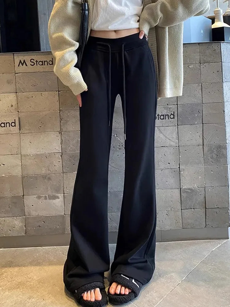 Bxoxo Streetwear Slim Flare Pant Women Sexy Low Waist Fall Vintage Wide Leg Trousers Casual American Lace Up Female Retro Black Pants