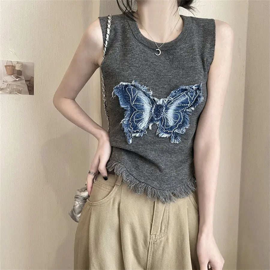 BXOXO Knitting Tank Top Summer 2024 New Trend Patchwork O-neck Sleeveless Top Tee Female Casual Tassel Vintage Slim T-Shirts Women's