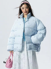 Bxoxo Blue Striped Crop Parkas for Women Y2K Sweet Butterfly Loose Cotton Warm Jacket Winter Fashion Preppy All Match Bread Outwear